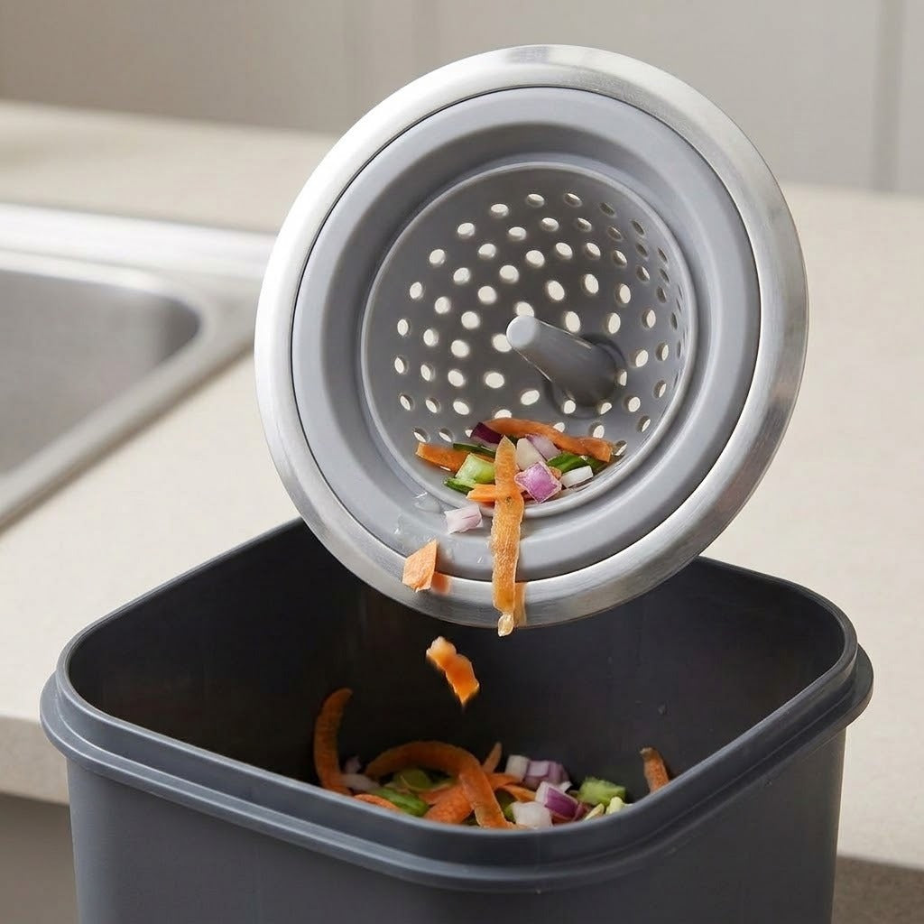 A gray collapsible sink strainer basket with a central drain plug, shown lifted over a dark gray trash can with food scraps falling out, set in a kitchen environment.