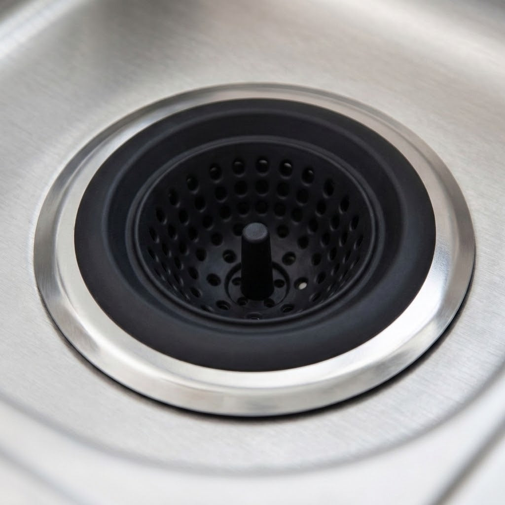 A close-up of a kitchen sink drain insert with a black perforated center and a brushed silver metal rim set into a stainless steel sink.