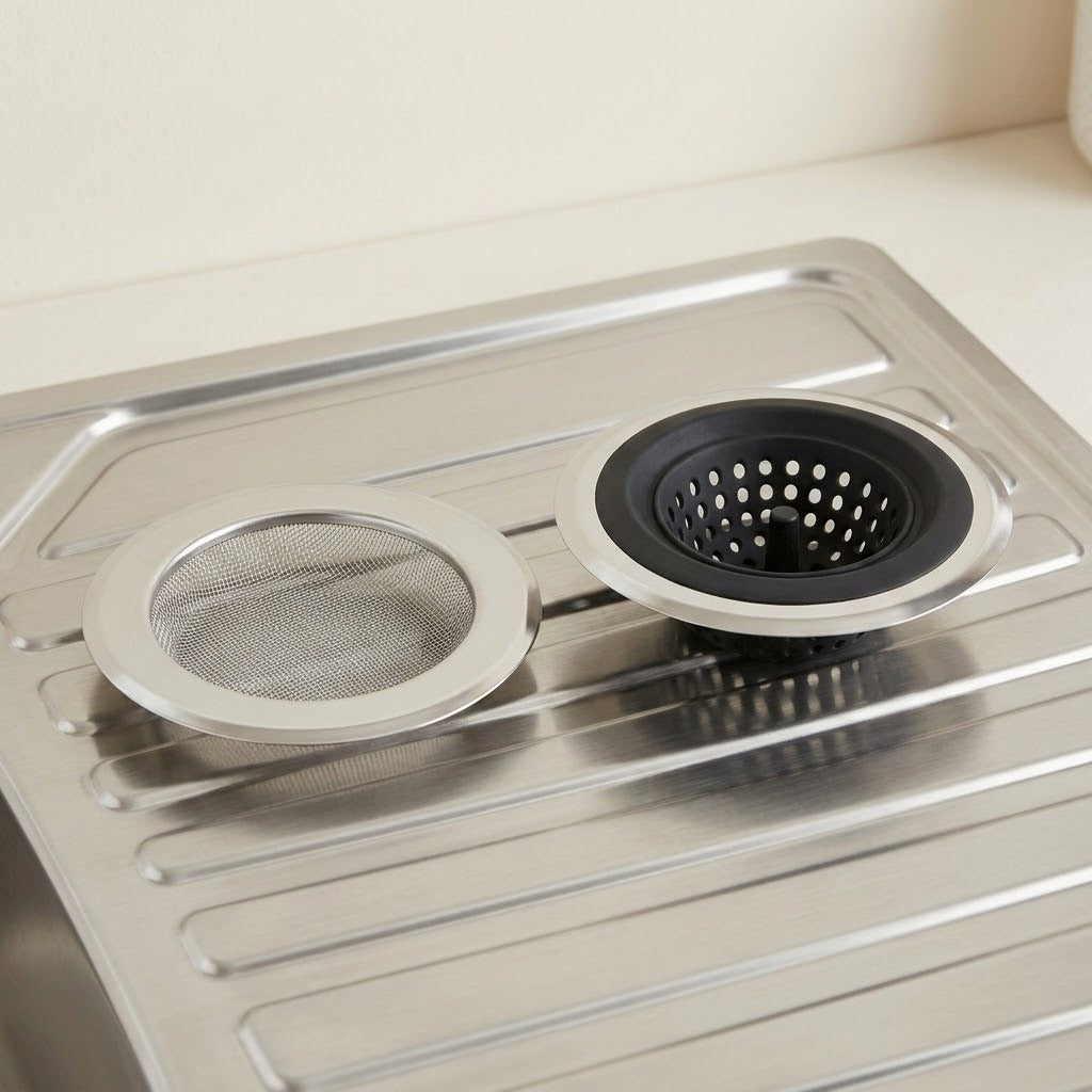A stainless steel kitchen sink drain assembly with a mesh strainer basket and a black rubber drain basket, resting on a matching stainless steel sink drain board.
