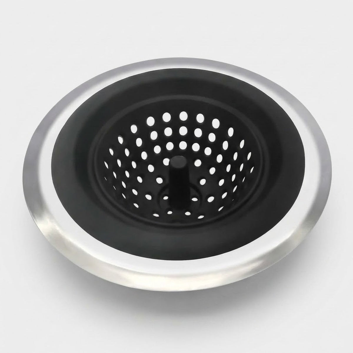 A round kitchen sink drain strainer with a brushed silver metal outer rim and a black inner mesh basket, shown on a light gray background.