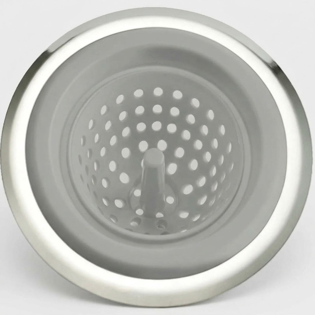 A stainless steel kitchen sink drain strainer basket with a perforated center cone, shown from a top-down view on a light gray background.