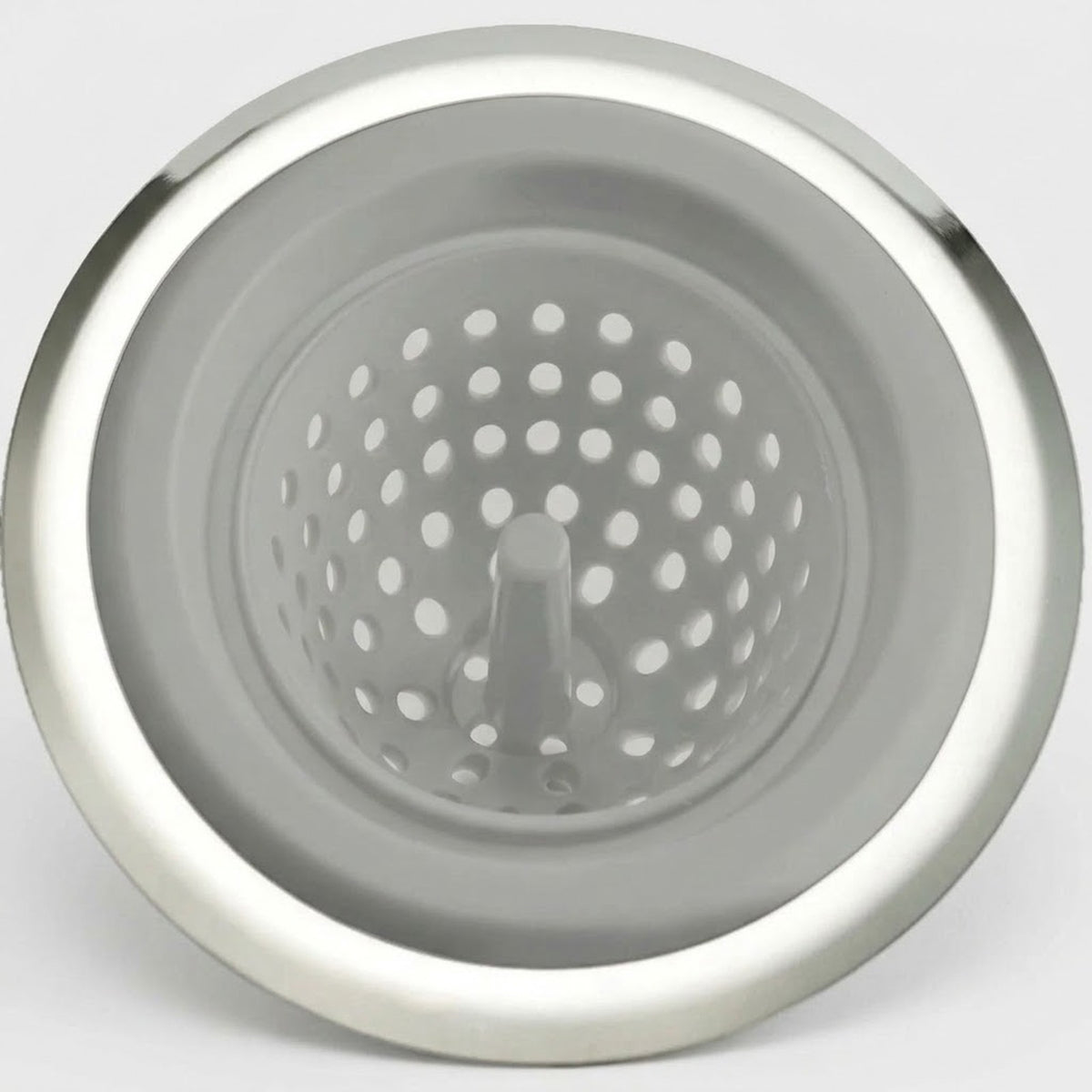 A stainless steel kitchen sink drain strainer basket with a perforated center cone, shown from a top-down view on a light gray background.