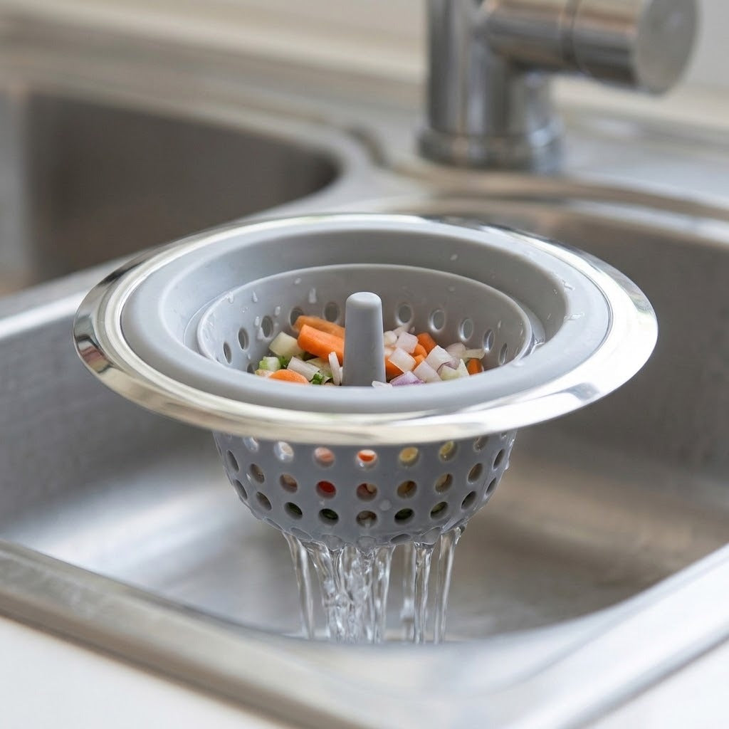 A gray and silver kitchen sink drain strainer basket with a vegetable basket insert, shown in a stainless steel sink with water running under it.