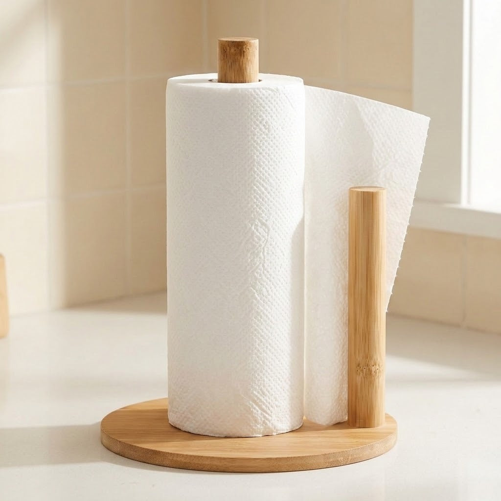A bamboo paper towel holder with a roll of white paper towels and a sheet extending from the side, set on a light countertop against a beige tiled kitchen background.