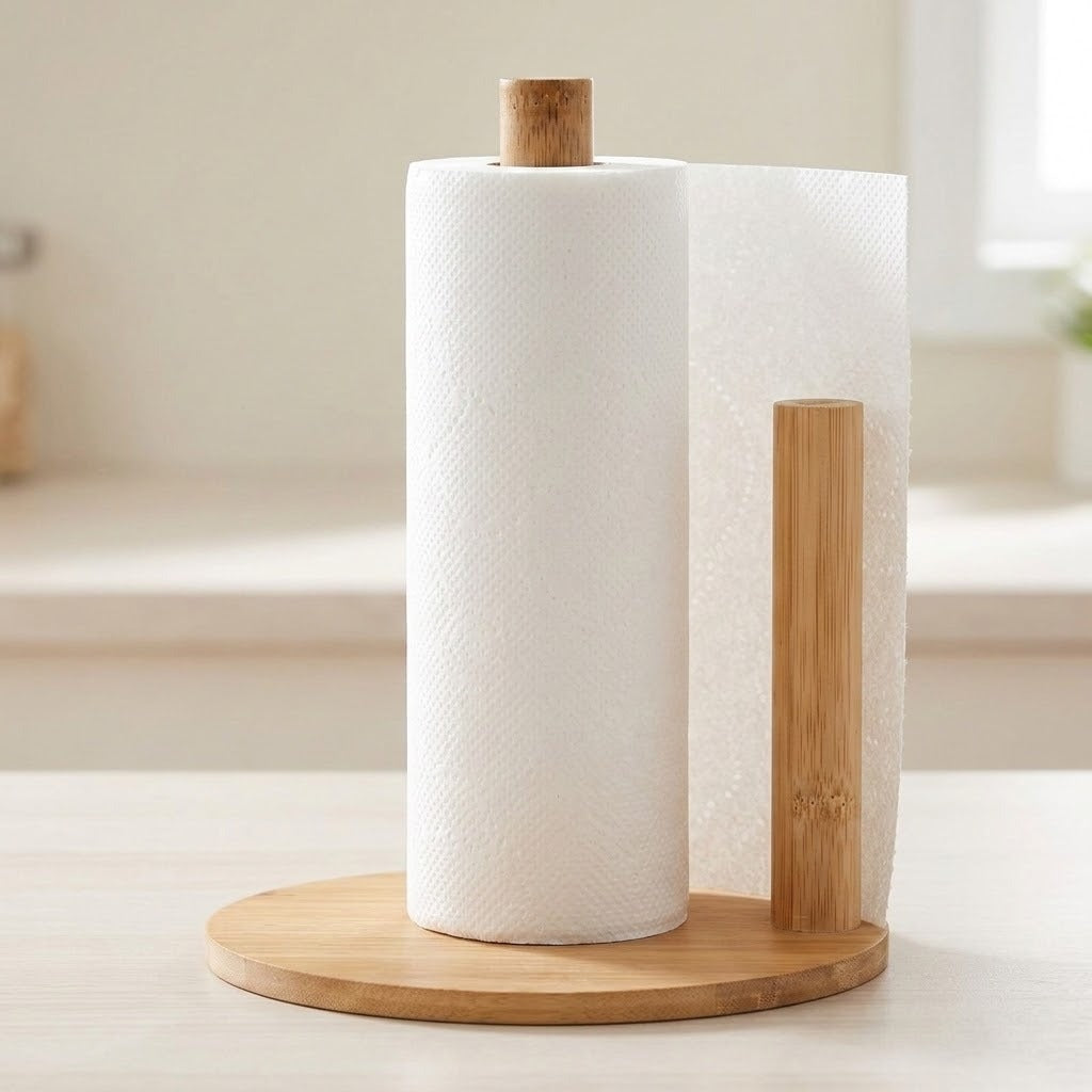 A paper towel holder with a roll of white paper towels and a standing paper towel, made from light natural wood, set on a light-colored tabletop in a softly blurred indoor setting.
