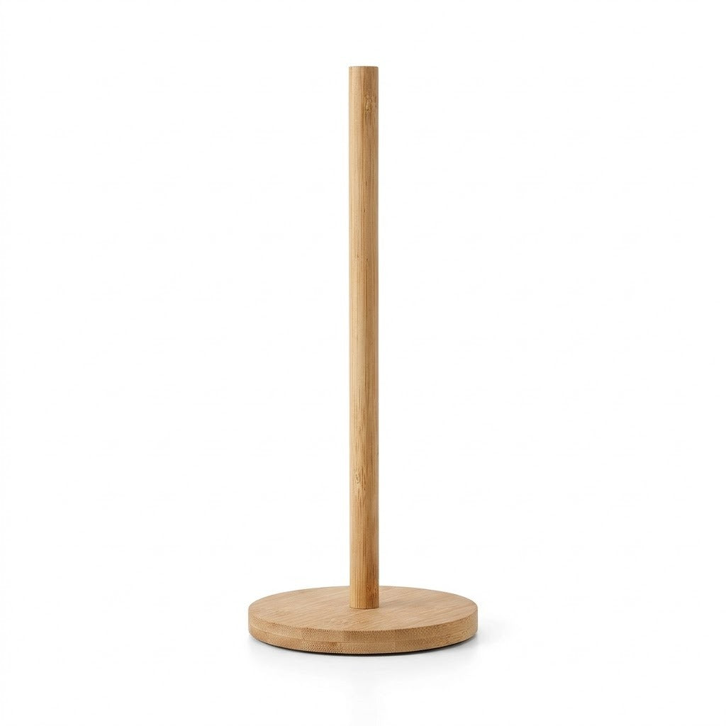 A minimalist wooden stand with a circular base and a single vertical pole, shown on a clean white background.