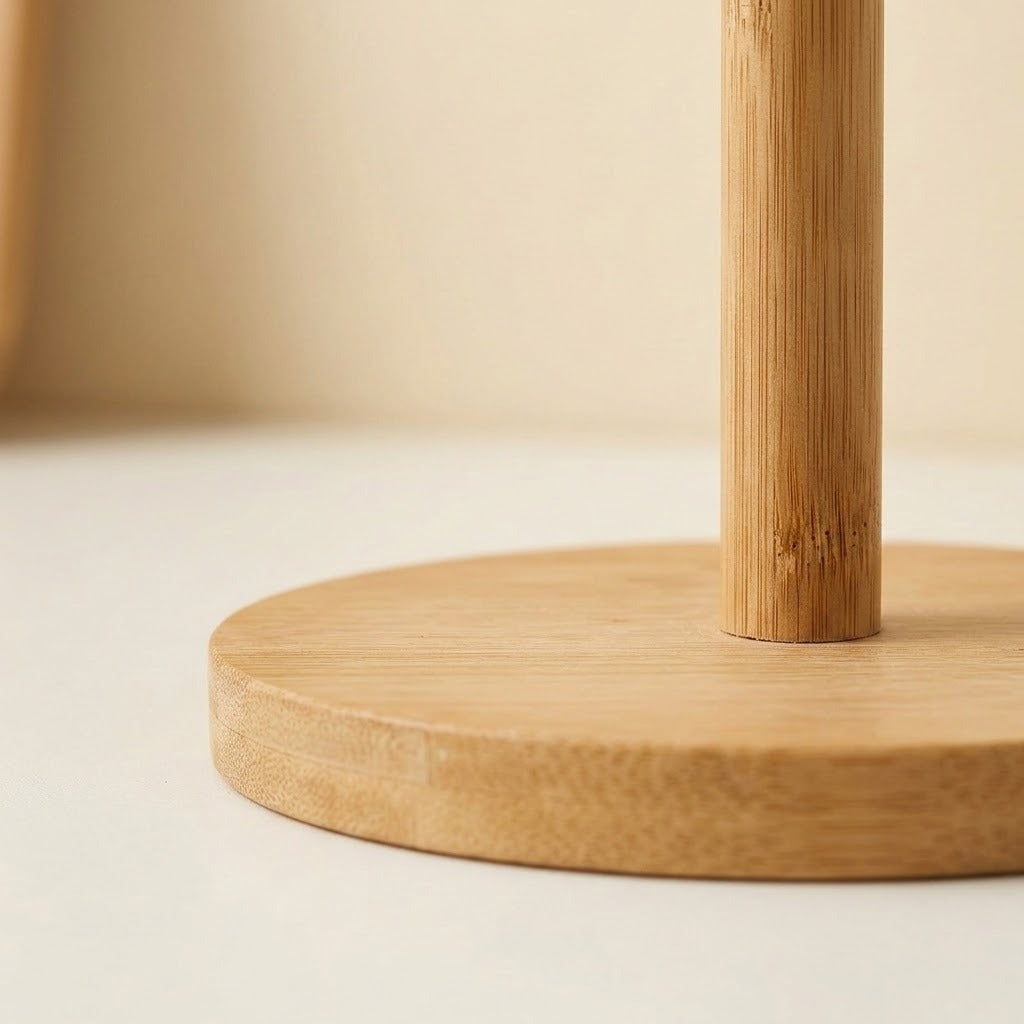 Close-up of a light natural bamboo tabletop stand with a round base and vertical bamboo pole on a soft beige background.