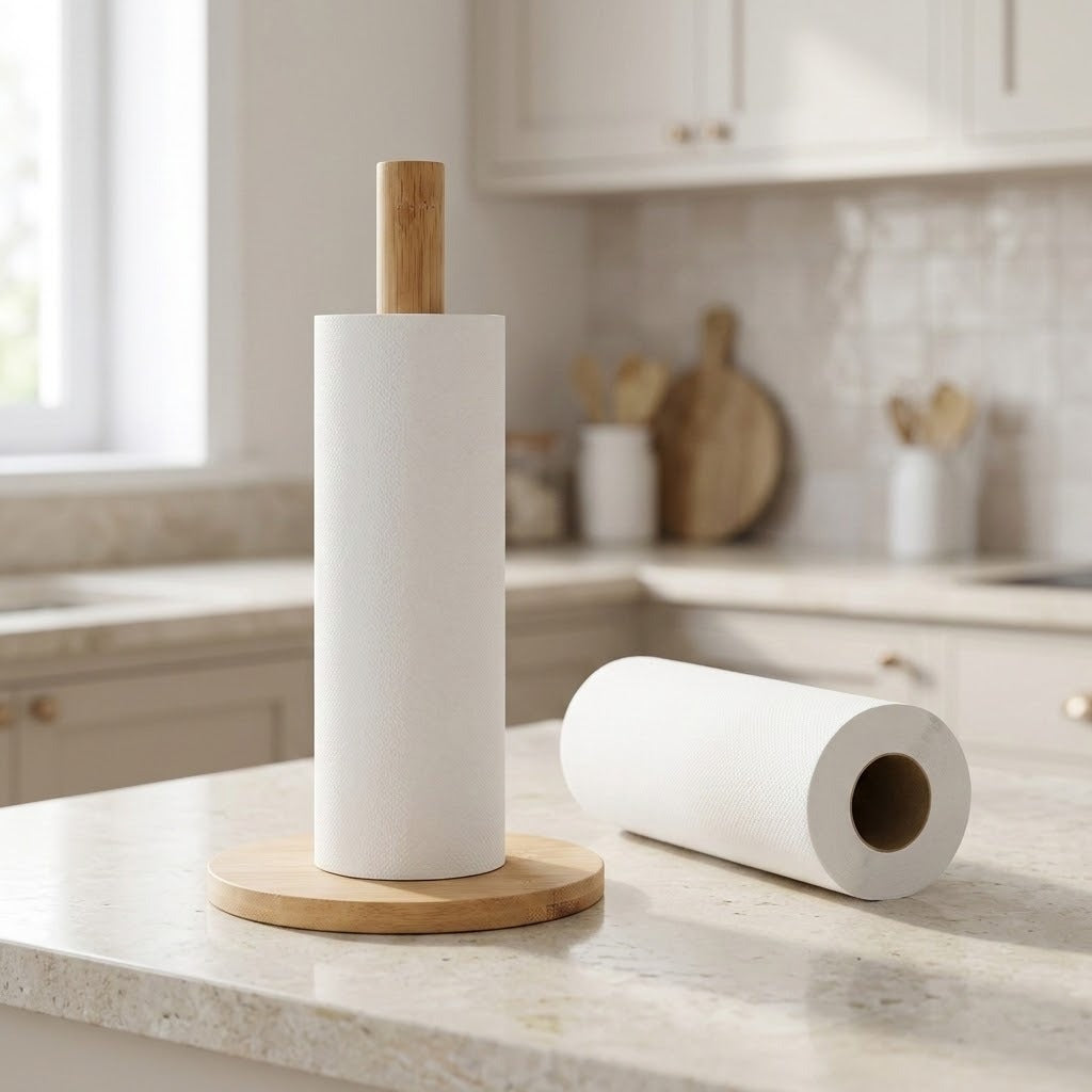 A white paper towel roll on a round wooden stand with a wooden handle, shown on a light stone kitchen countertop with a second loose roll nearby and a softly blurred kitchen background.