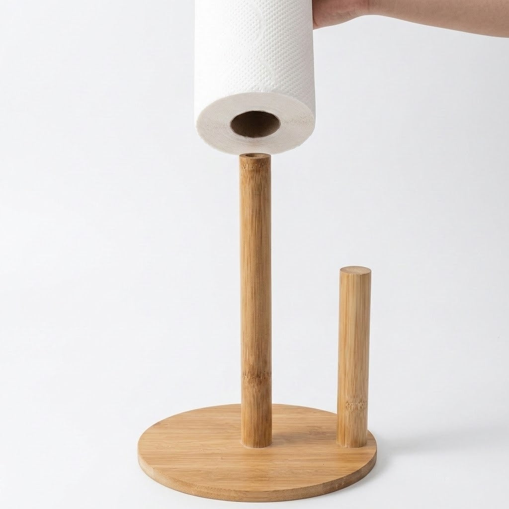 A bamboo paper towel holder with a round base, vertical support pole, and side holder, shown with a white paper towel being inserted from above against a clean white background.