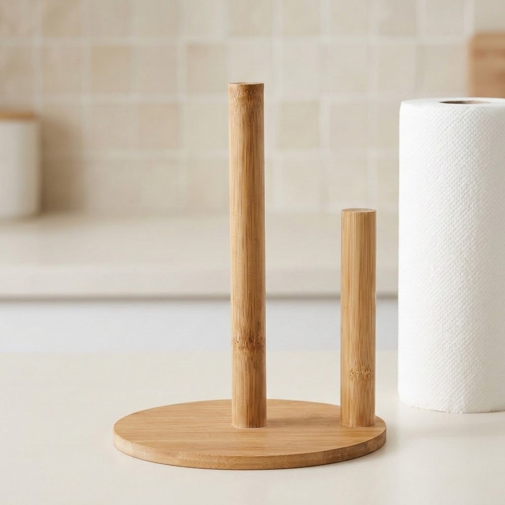 A bamboo paper towel holder with a round base and two vertical stand arms, shown on a light countertop next to a roll of paper towels.