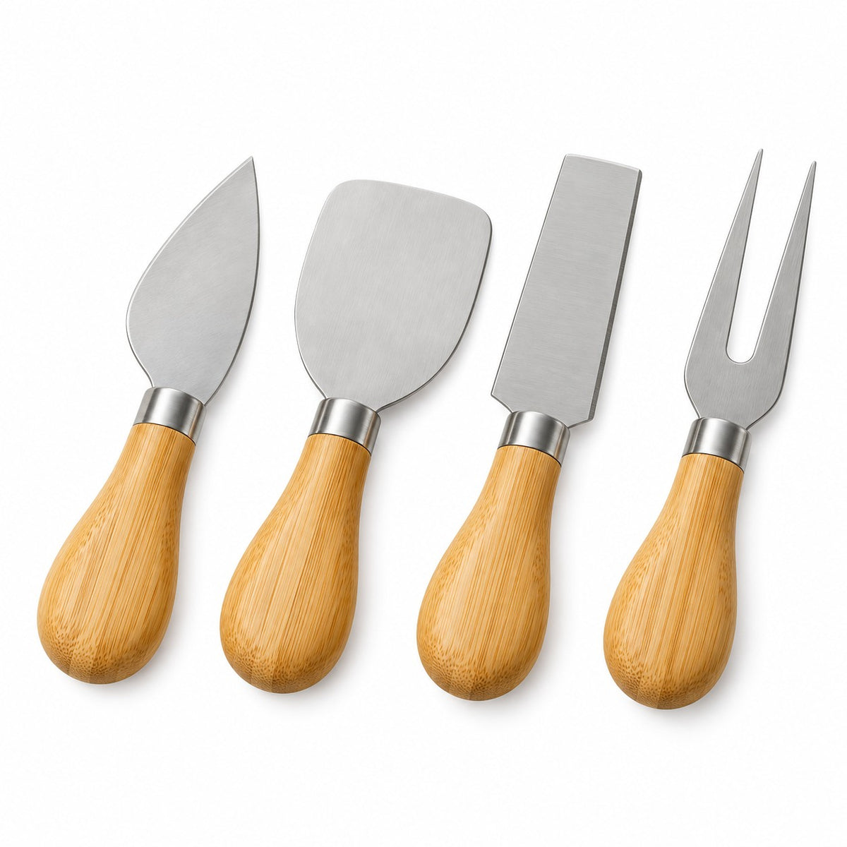 The wooden handle cheese set includes four distinct stainless steel cheese tools arranged on white.