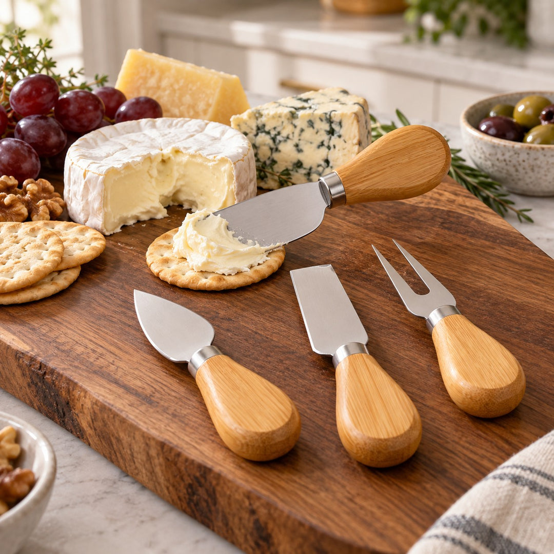 The four-piece wooden handle cheese set spreads soft cheese beside a serving board in a home kitchen.