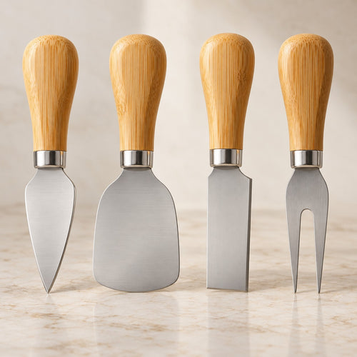 Four coordinated stainless steel cheese knives with bamboo handles stand together in a clean studio setting.