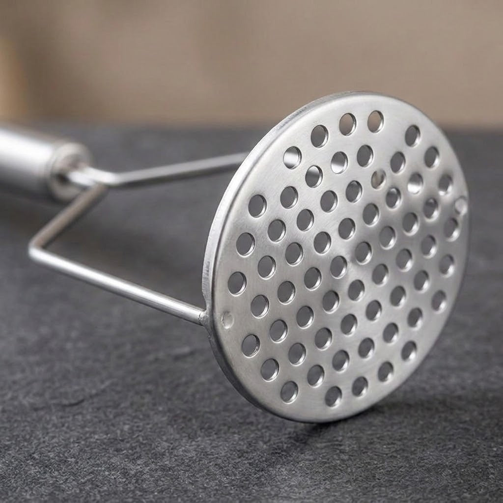 Close-up of a silver metal potato masher with a round perforated plate resting on a dark grey textured surface.