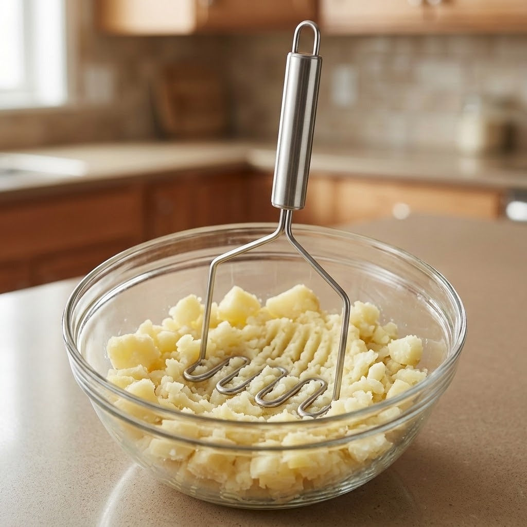 A stainless steel potato masher resting in a clear glass bowl filled with mashed potatoes on a kitchen counter, with a blurred kitchen background.