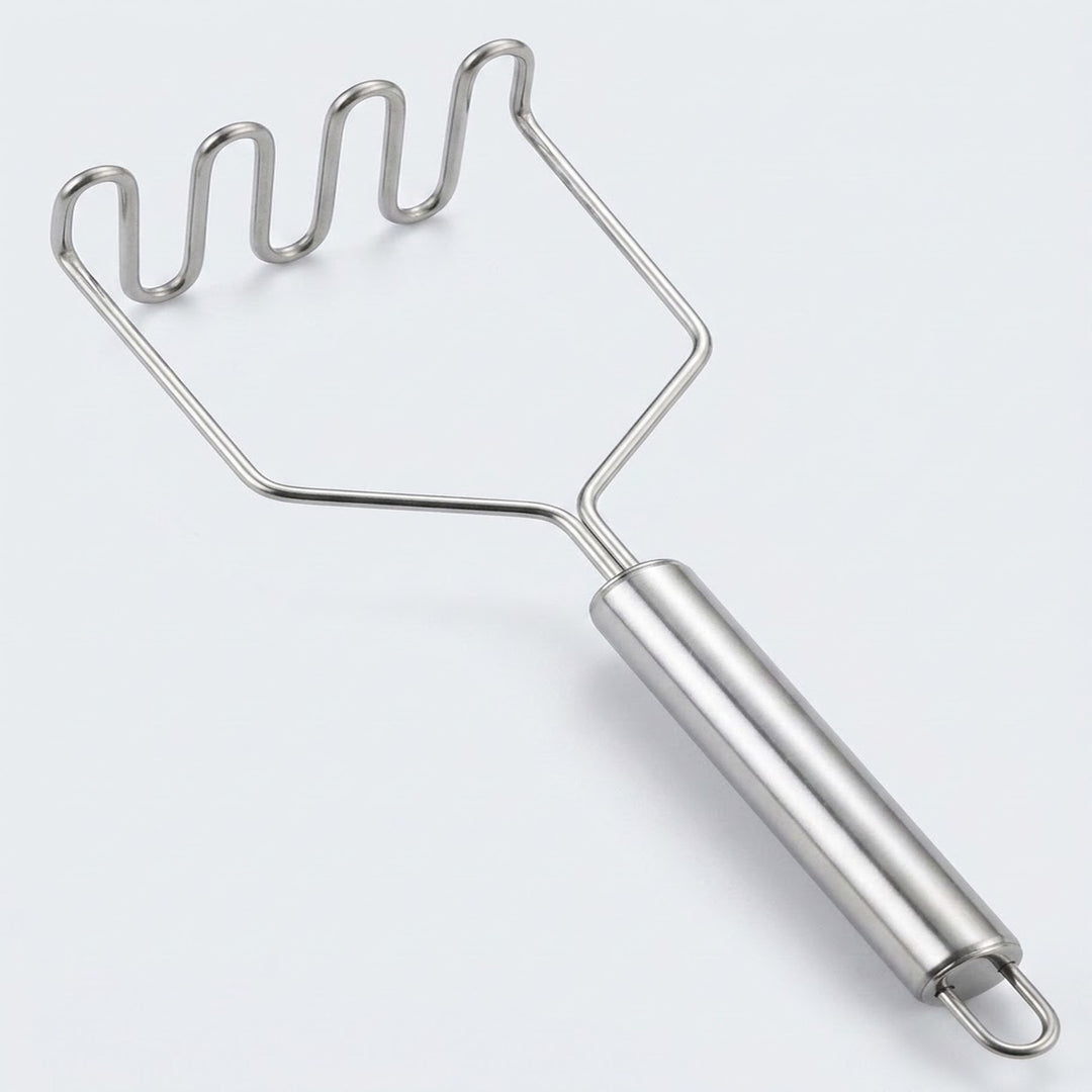 A stainless steel potato masher with a coiled wire head and a smooth cylindrical handle, shown on a light gray background.