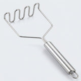 A stainless steel potato masher with a coiled wire head and a smooth cylindrical handle, shown on a light gray background.