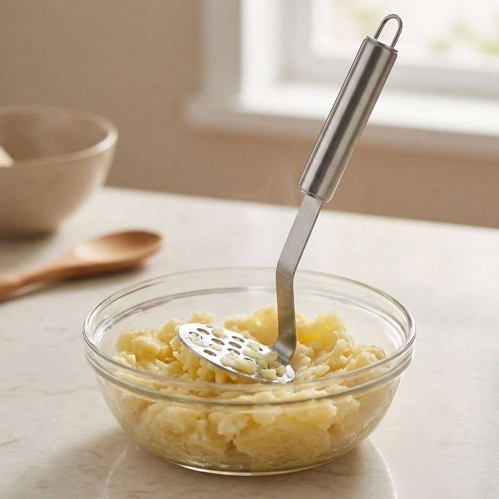 A silver metal potato masher stands in mashed yellow potatoes in a clear glass bowl on a light countertop beside a window.