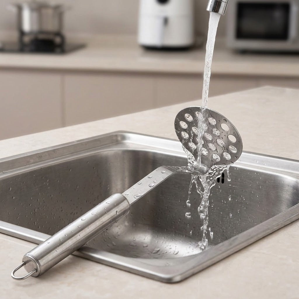A stainless steel kitchen utensil with a long handle and perforated round head resting in a sink under running water, with a blurred kitchen background.