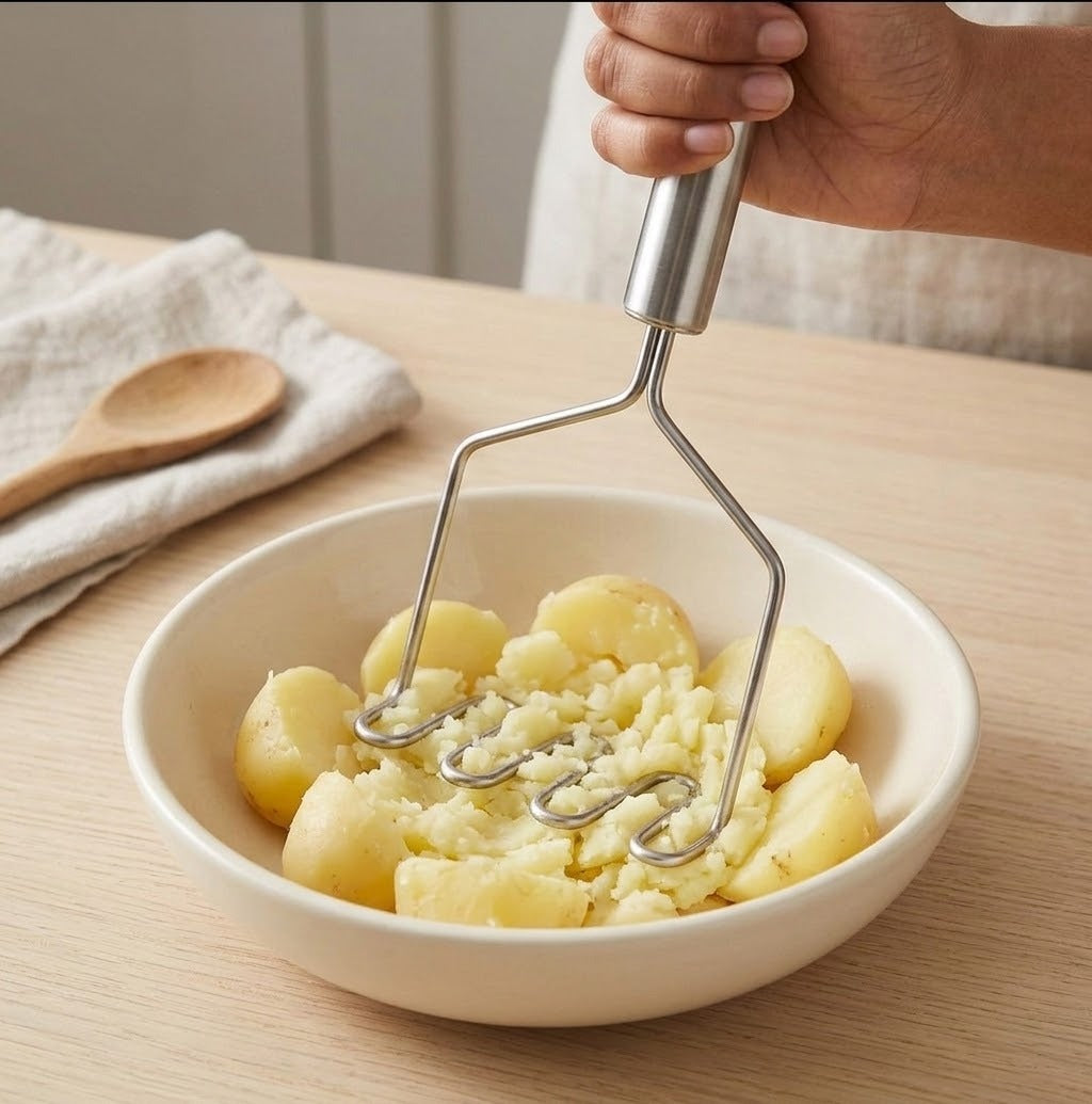 A stainless steel potato masher being used by a hand to mash boiled potatoes in a white ceramic bowl on a light wood table.