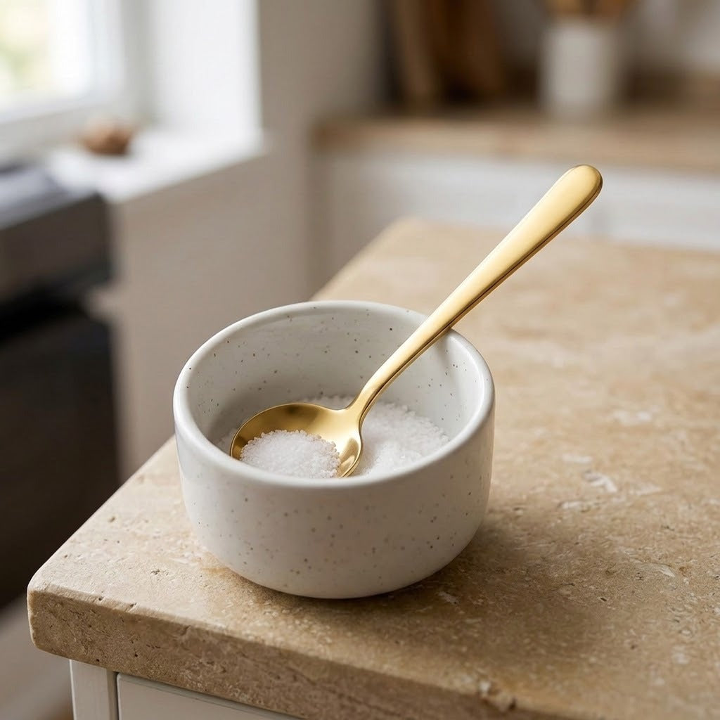 A small speckled ceramic bowl filled with coarse salt, holding a gold spoon, set on a beige stone countertop in a softly blurred kitchen setting.