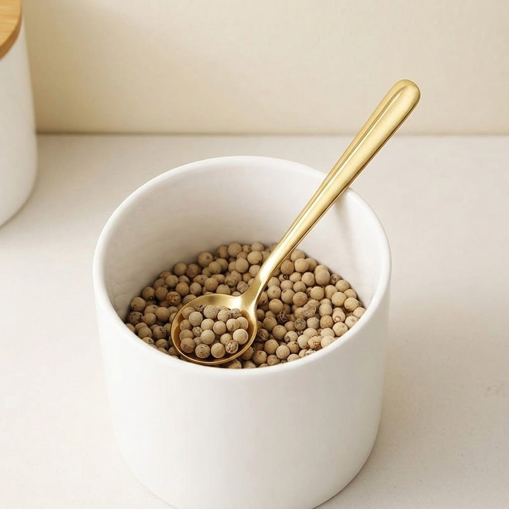 A gold metal spoon filled with beige peppercorns resting inside a white ceramic bowl, set on a light beige surface.