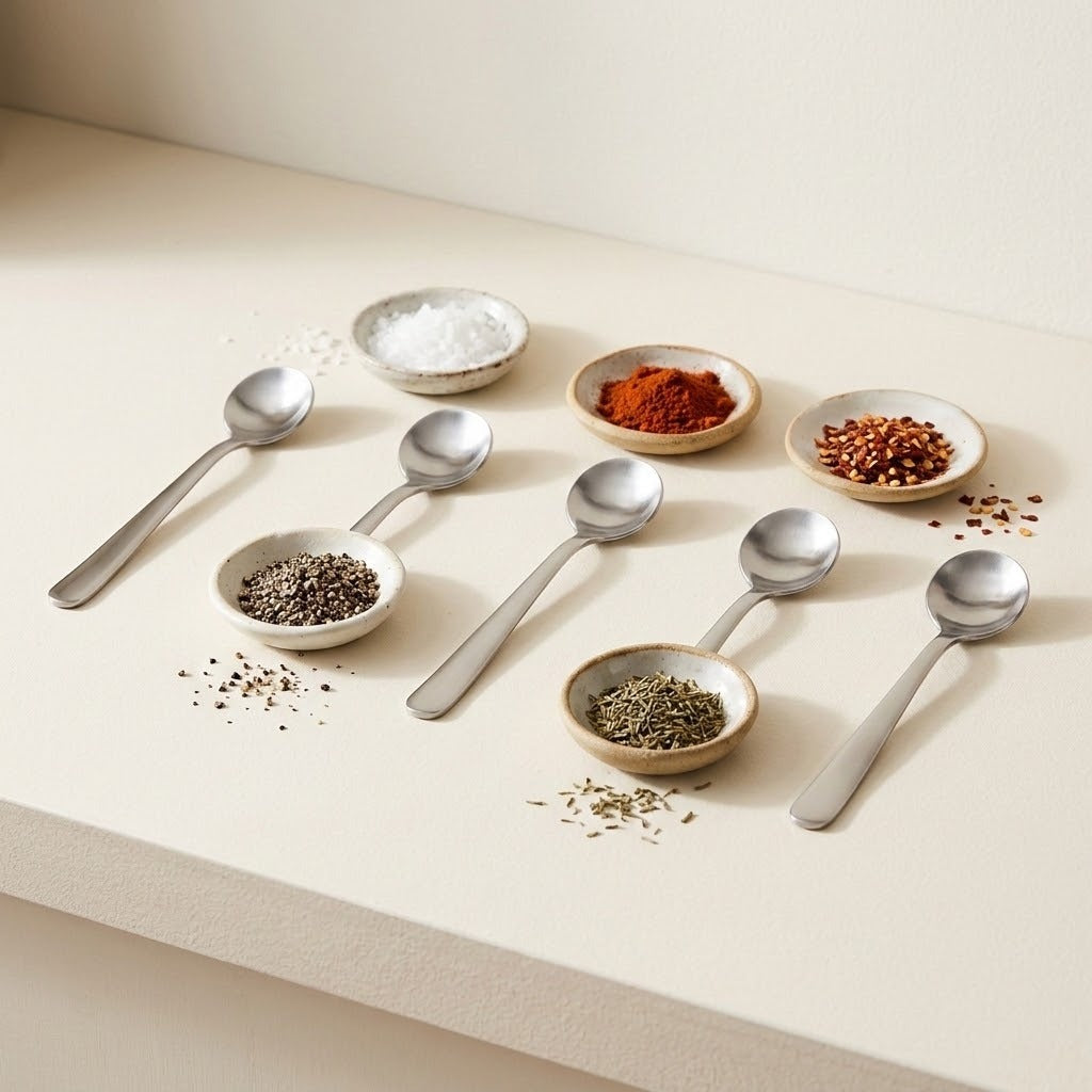 Six stainless steel measuring spoons arranged on a light beige countertop with small ceramic bowls containing various spices.
