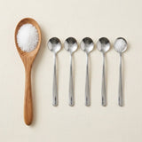 Five stainless steel spoons of varying sizes arranged horizontally next to a wooden spoon filled with coarse white salt, all on a light beige textured background.