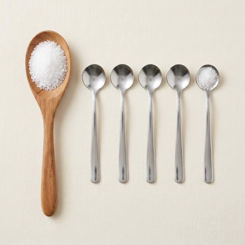 Five stainless steel spoons of varying sizes arranged horizontally next to a wooden spoon filled with coarse white salt, all on a light beige textured background.