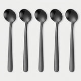 Five matte black metal spoons arranged vertically in a row on a light gray background.