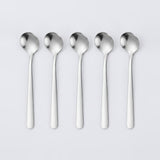 Five stainless steel spoons aligned in a row on a light gray background.