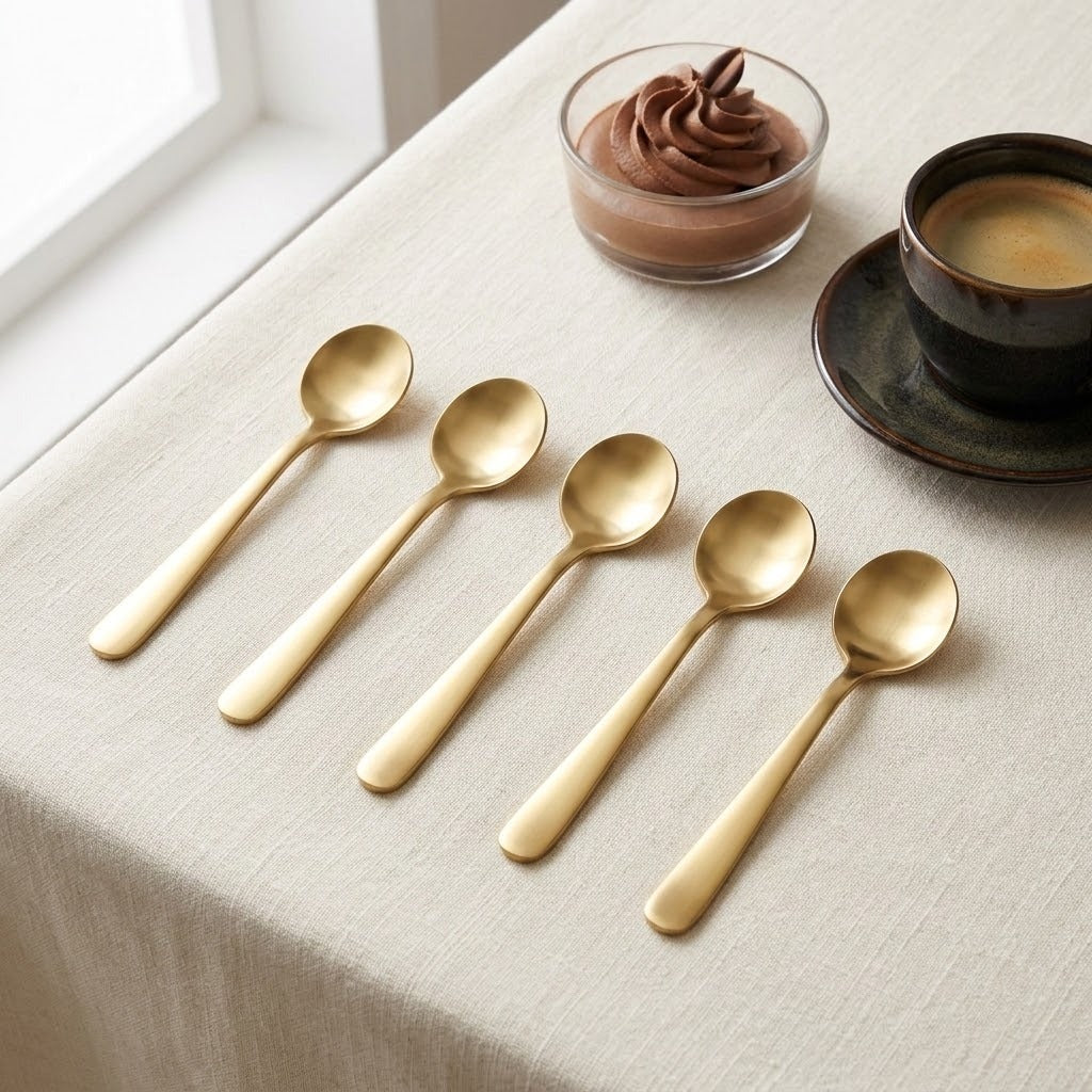 Five gold-toned metal spoons arranged diagonally on a light beige tablecloth, with dessert and coffee props in the background.