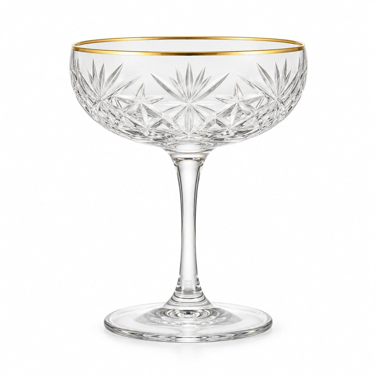 One gold rim 255 ml coupe cocktail glass stands alone against a pure white background.
