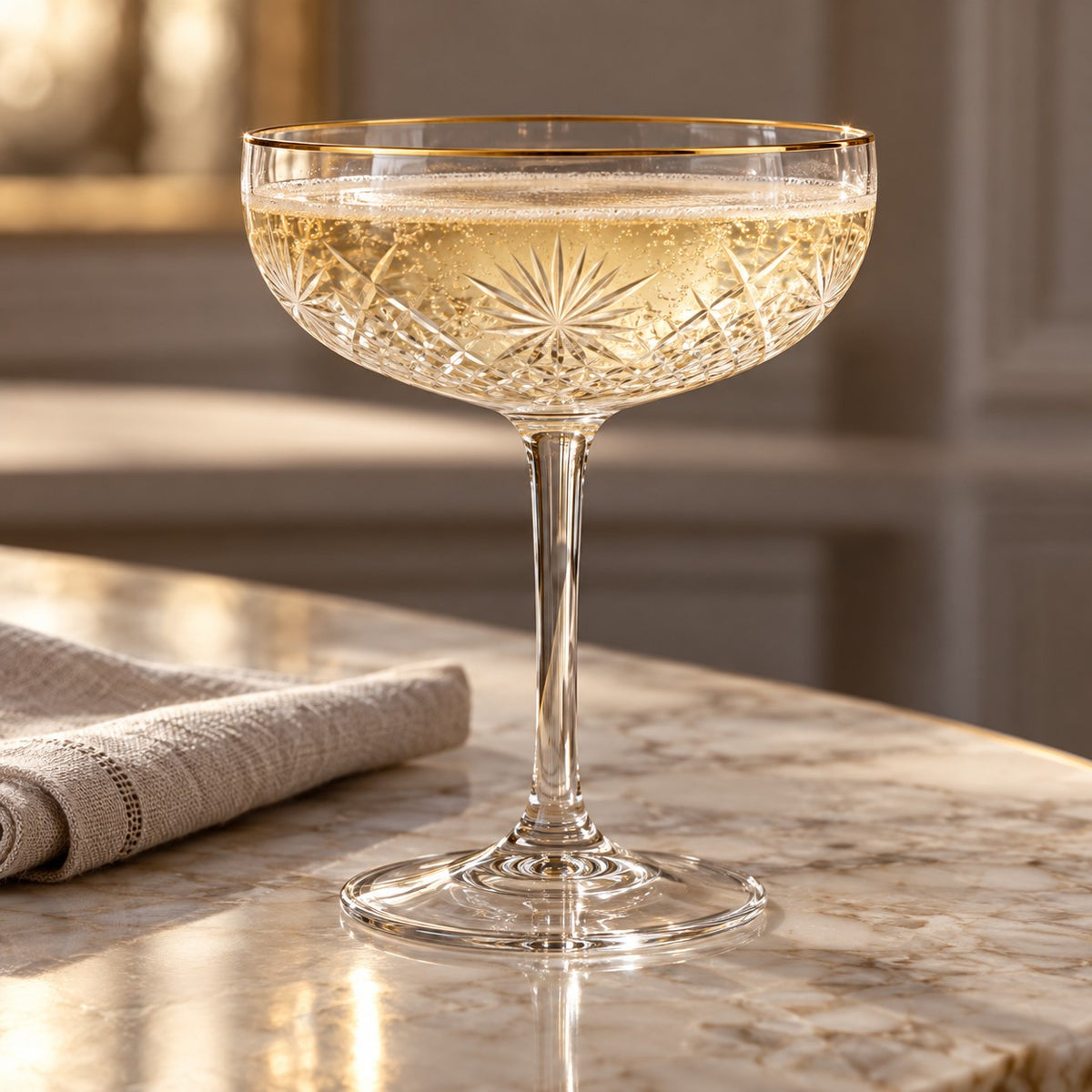A gold rim coupe cocktail glass presents a sparkling drink on a softly lit home table.