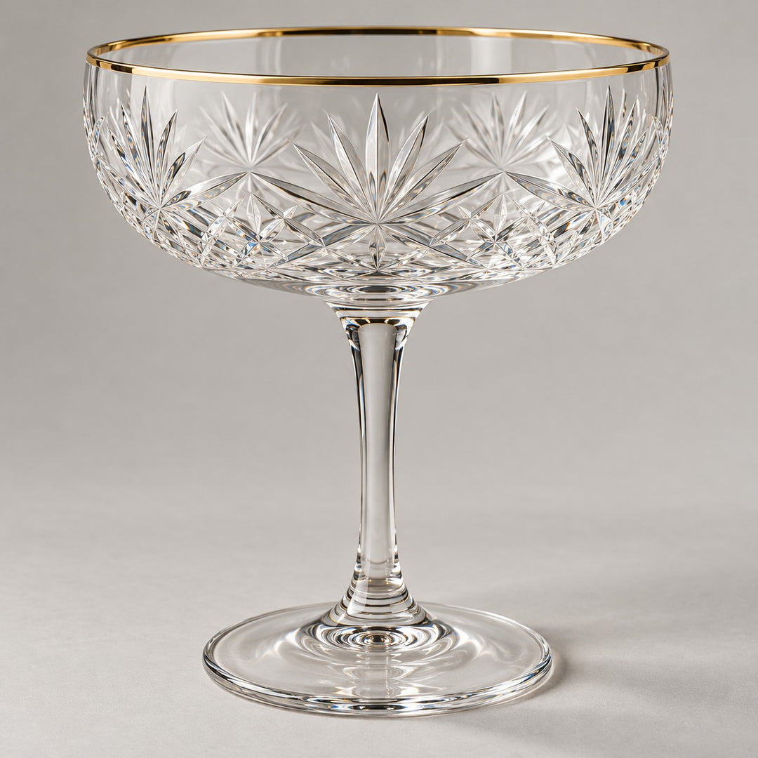 The coupe cocktail glass has a crisp engraved starburst bowl and a fine gold rim.