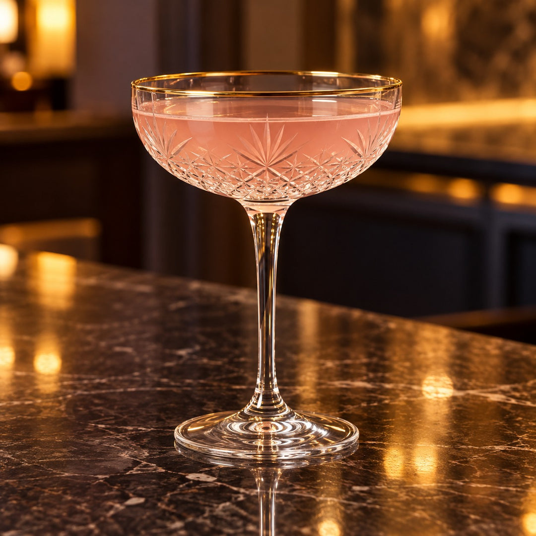 A coupe cocktail glass holds a pale martini style drink on a warmly lit home bar.