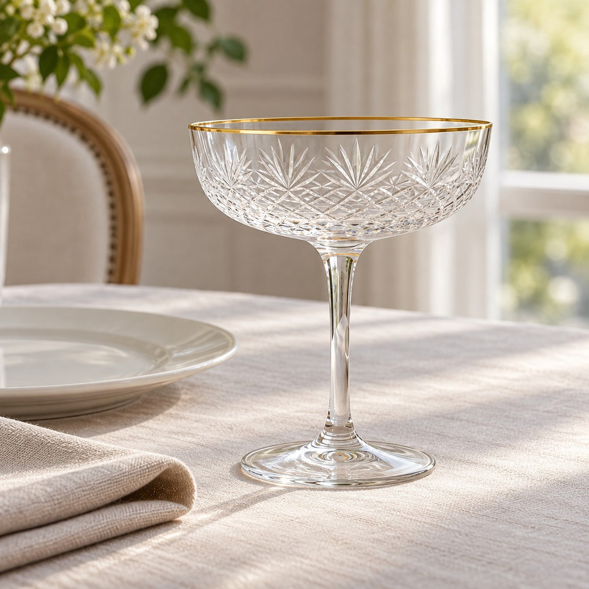 A 255 ml coupe cocktail glass sits beside a dinner plate and folded napkin for scale.