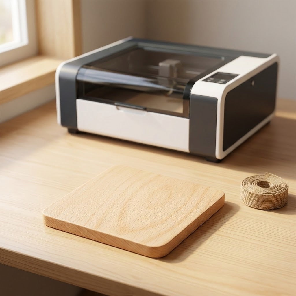 A modern white and dark gray laser cutter sits on a light wood desk next to a matching square wooden coaster and a roll of twine, with a softly blurred window in the background.