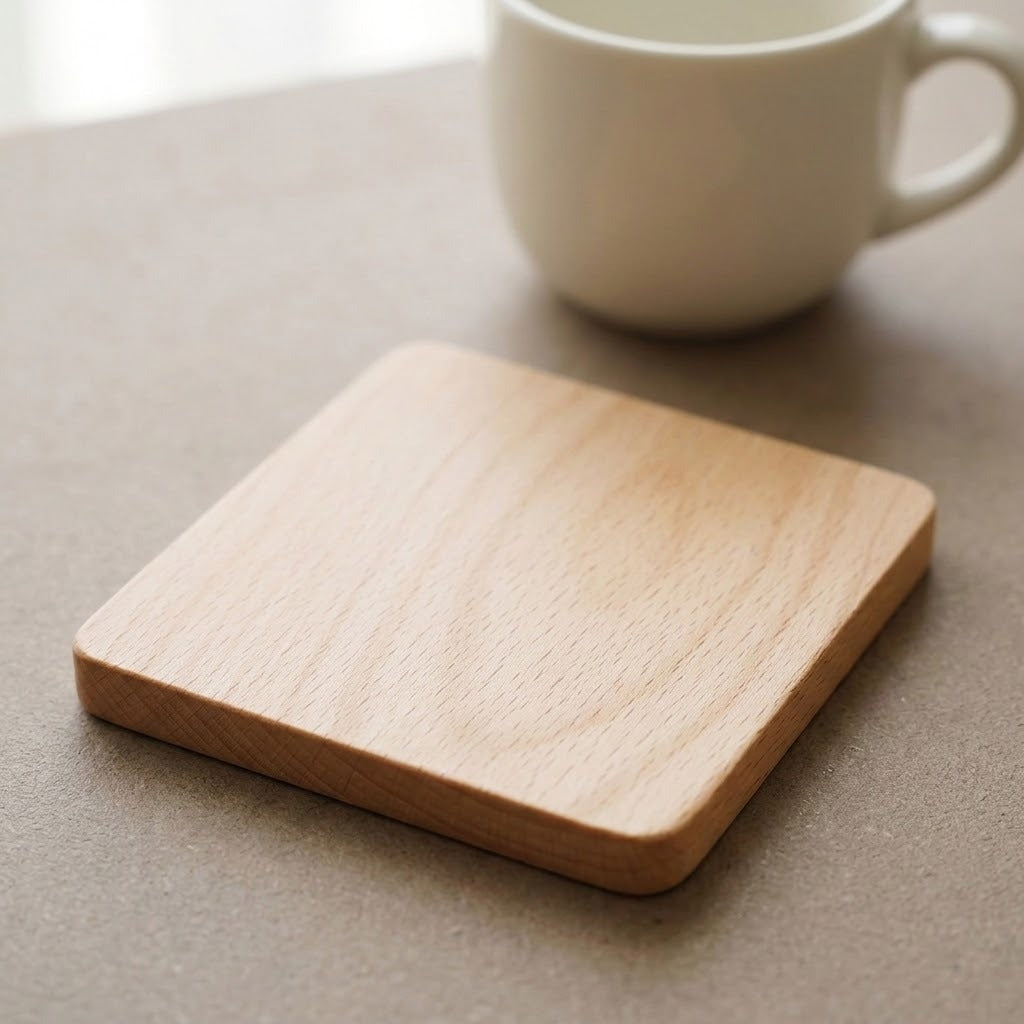 A square light wood coaster with rounded corners sits on a neutral gray surface, with a white ceramic mug blurred in the background.
