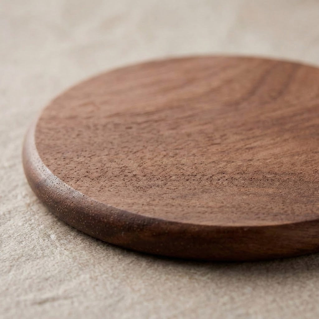 A round wooden coasters or trivets made of medium brown wood with visible grain patterns, shown on a neutral beige textured surface.