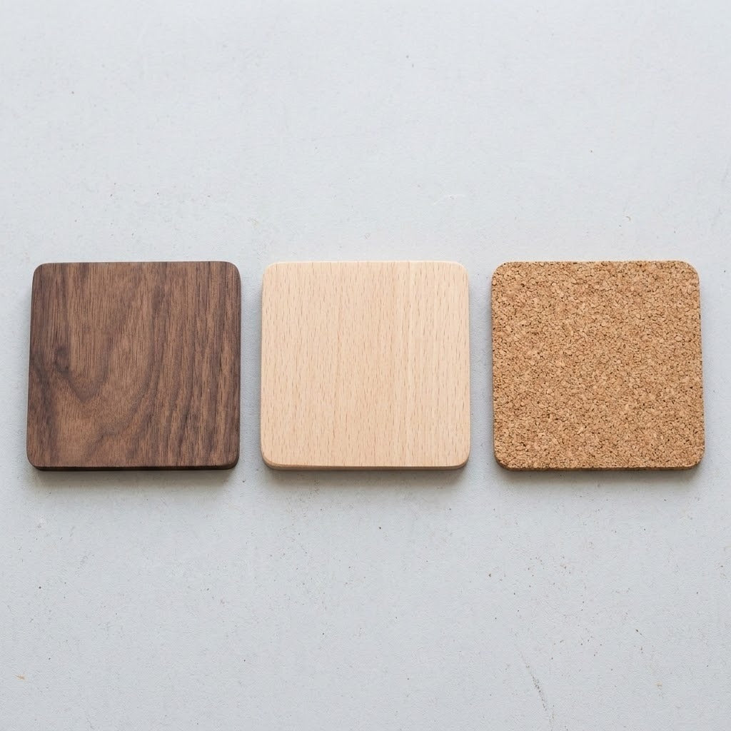 Three square coasters with rounded corners arranged horizontally on a light gray surface. The left coaster is dark brown wood with visible grain, the center coaster is light natural wood, and the right coaster is cork in a tan color.