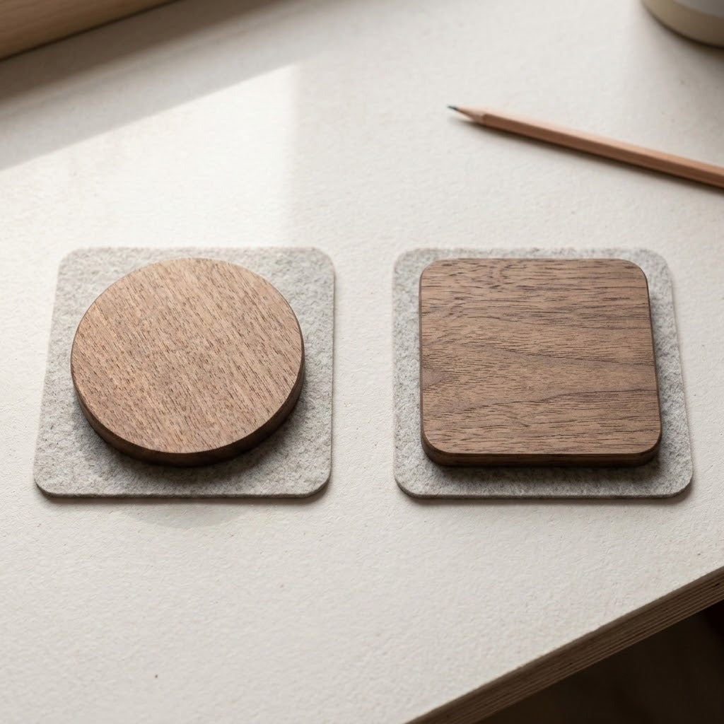 Two wooden coasters with a visible wood grain finish, one circular and one square, resting on light gray felt square coasters on a light beige tabletop.