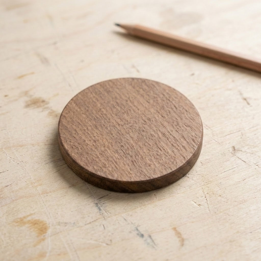 A round wooden coaster with a natural wood grain finish, placed on a light-colored wooden tabletop next to a wooden pencil.