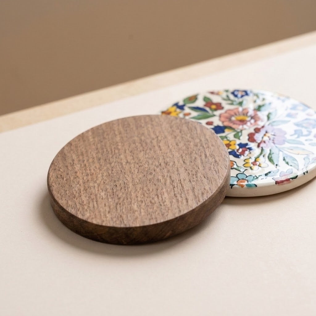 Two round coasters on a light beige tabletop. The front coaster is made of medium brown wood, and the partially visible back coaster has a white base with a colorful floral pattern.