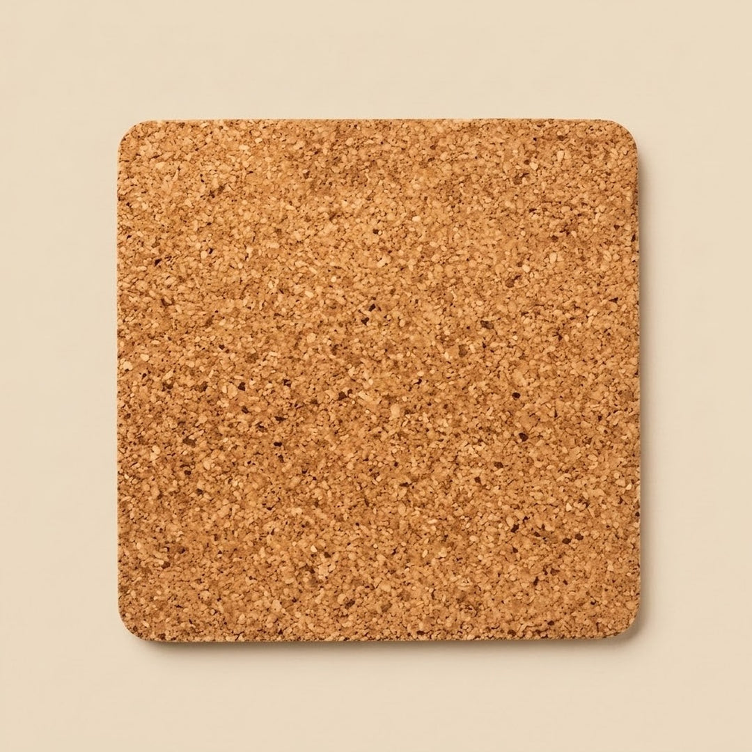 A square cork coaster with rounded corners, shown from a top-down view on a solid beige background.