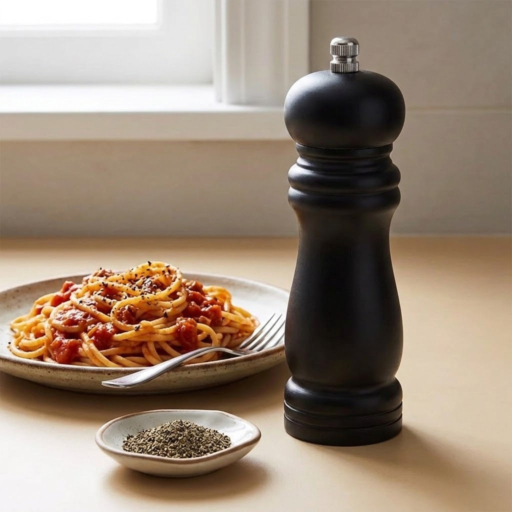 A matte black pepper mill with a silver top knob stands on a beige tabletop next to a plate of spaghetti with tomato sauce and a small dish of ground pepper, with a softly blurred kitchen window in the background.