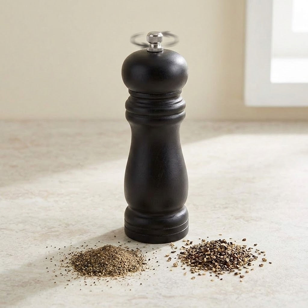 A black pepper mill grinder with a silver metal top handle, standing on a light beige surface with piles of ground and whole peppercorns in front of it.