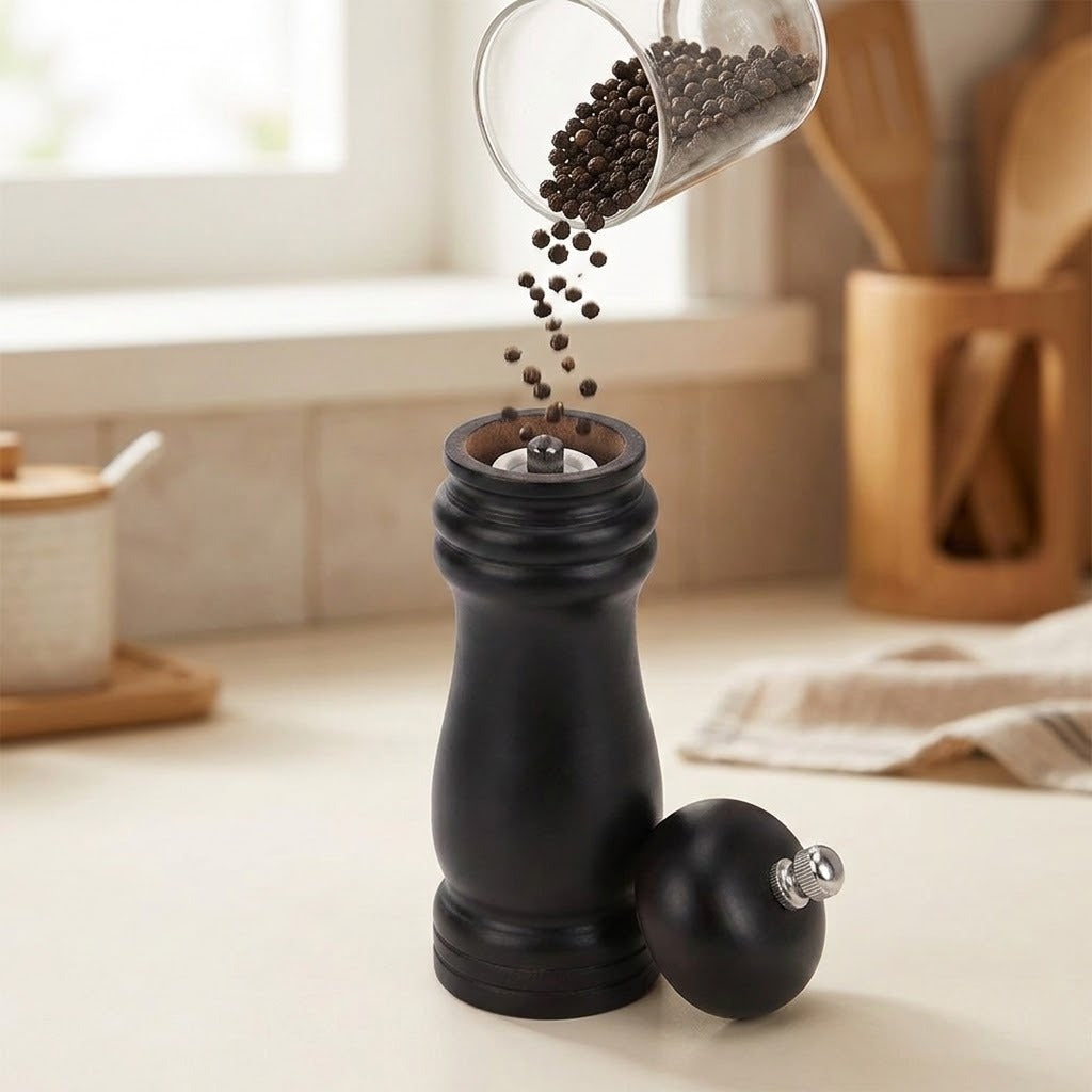 A black pepper mill grinder with a matching round ball and a clear container pouring peppercorns into the open top, shown on a kitchen counter with a softly blurred background.