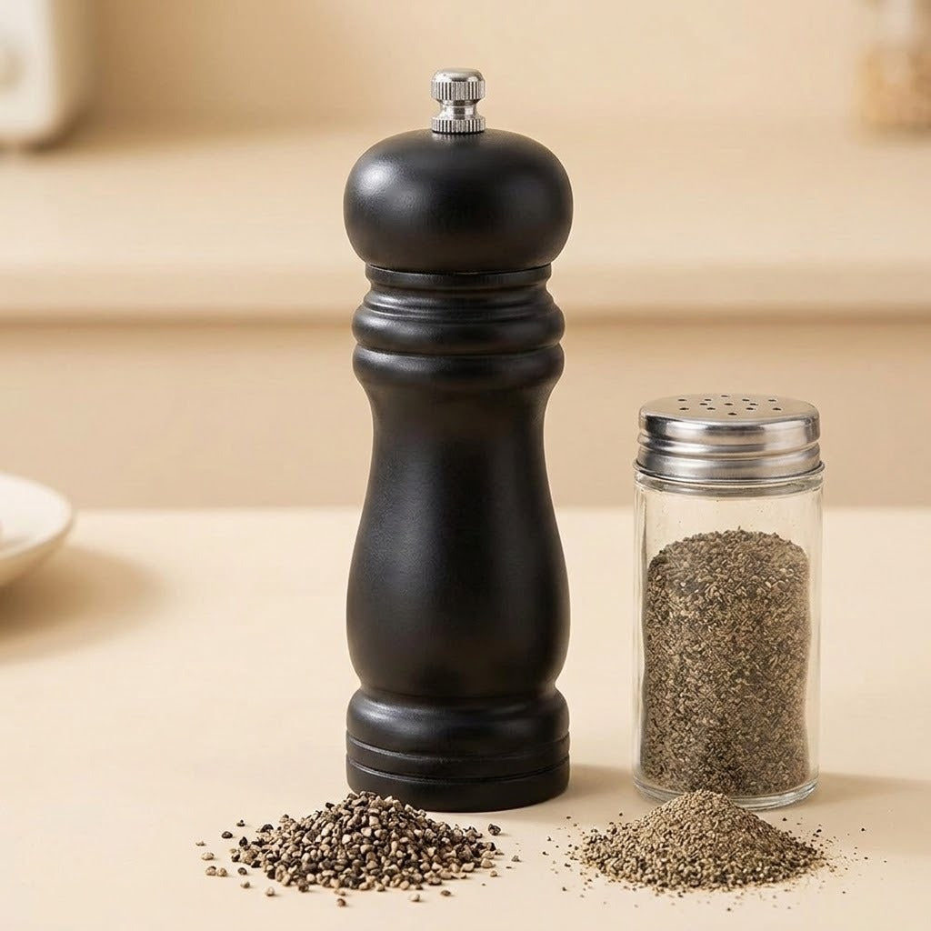 A black pepper mill grinder with a silver metal top knob stands next to a clear glass shaker bottle filled with coarse black pepper, with small piles of pepper scattered in front, all on a warm beige surface.
