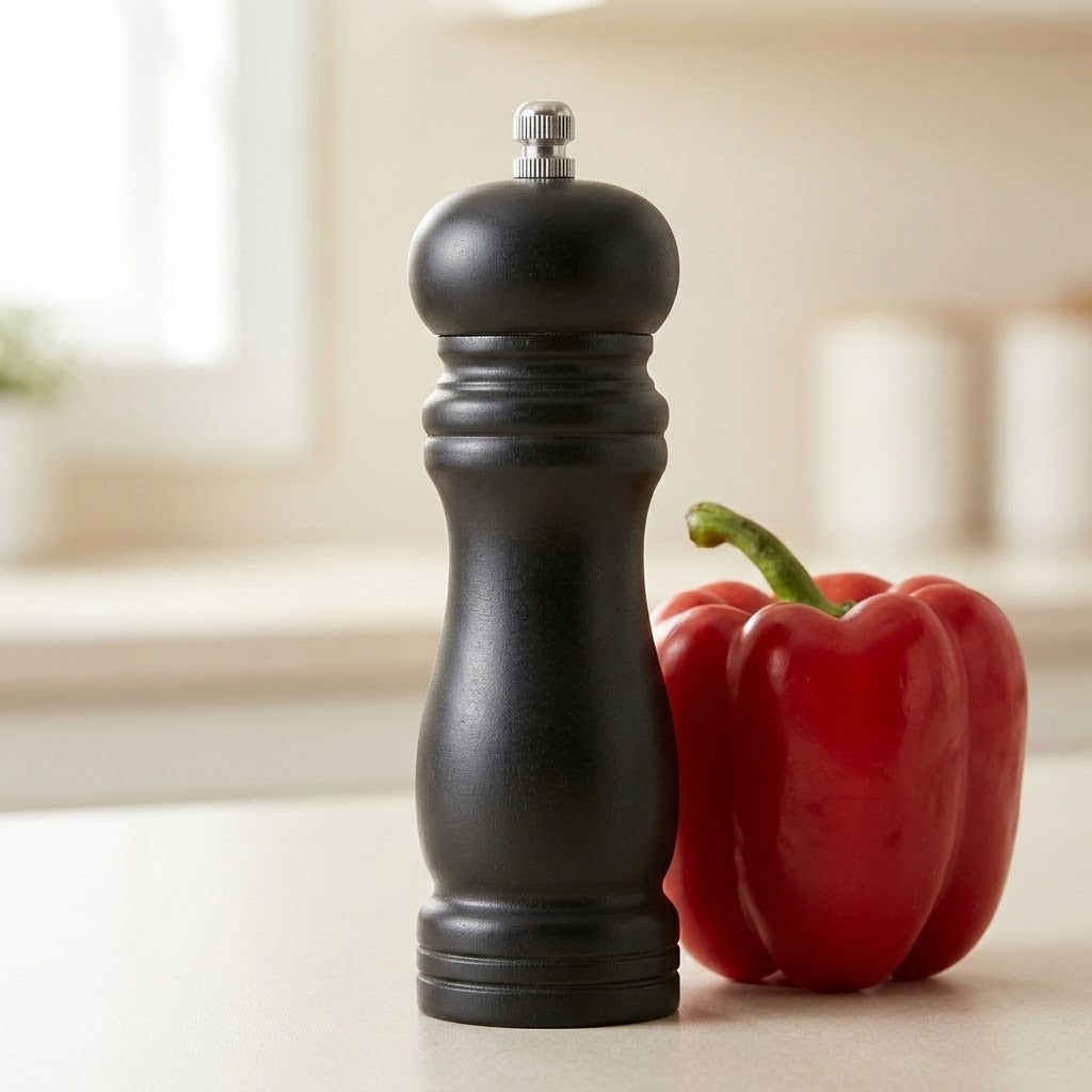 Black wooden pepper grinder with a silver top knob stands beside a red bell pepper on a pale kitchen countertop.